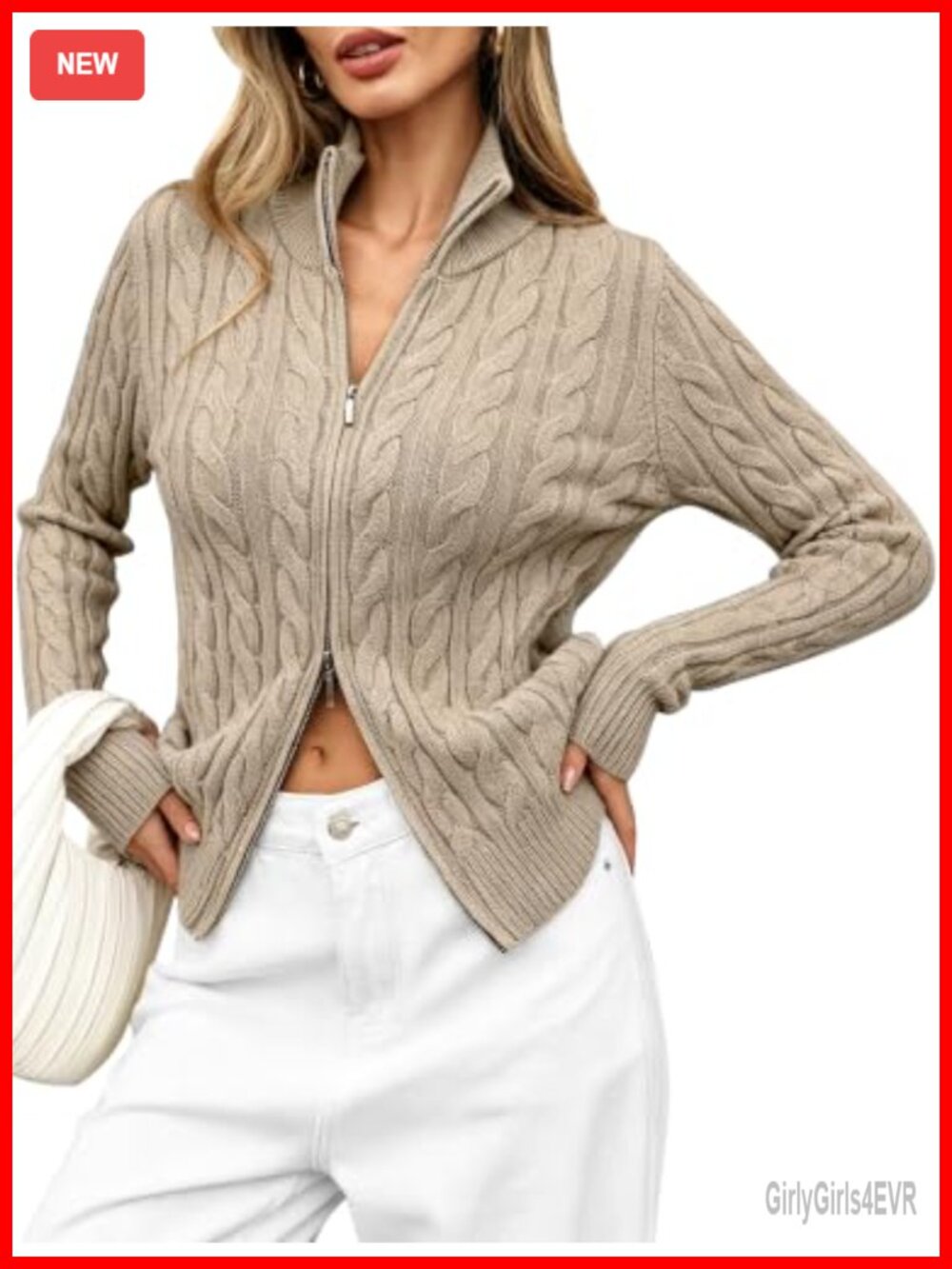 Cable Knit Two-Way Zip Cardigan Sweater Women's Mock Neck Slim Fit